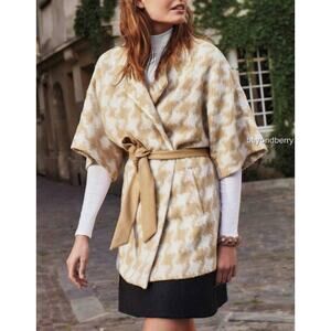 Anthropologie Elevenses Houndstooth Belted Jacket XS Kimono Sleeve Tan Cream